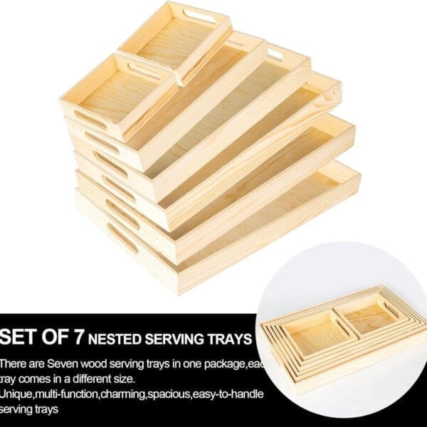 Seven nested unfinished wood serving trays with handles. Wholesale food trays available.