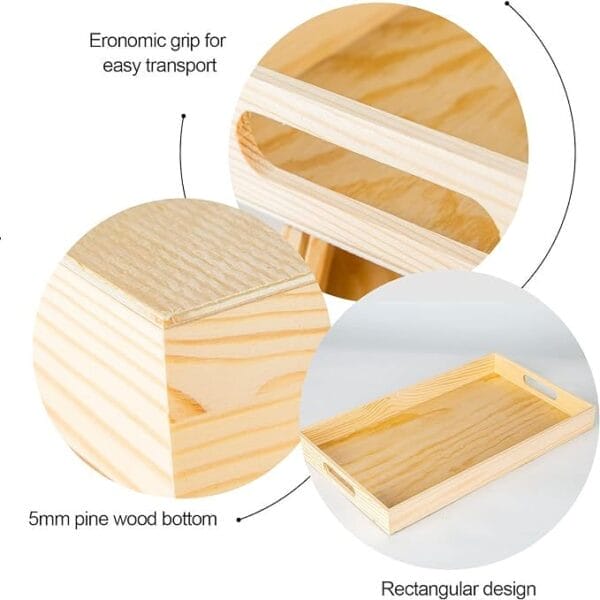 Unfinished pine wood tray with handles; wholesale food trays available.