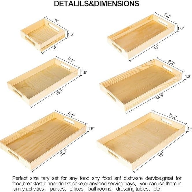 Set of unfinished wood trays with handles; wholesale food tray supplier.
