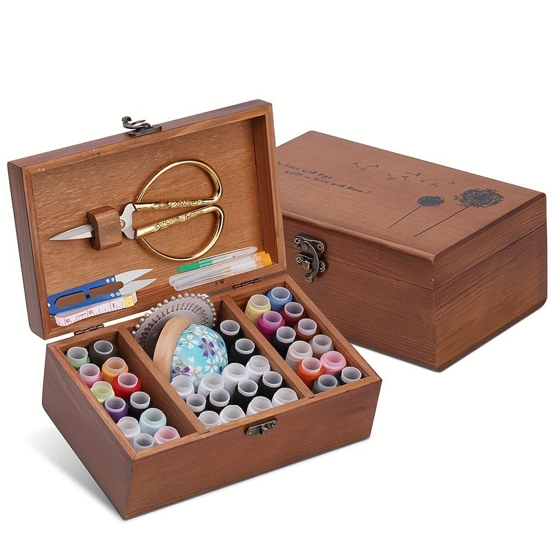 Vintage Wooden Sewing Box: Handcrafted wooden sewing kit with compartments for thread spools, needles, scissors & more. Vintage style thread organizer.