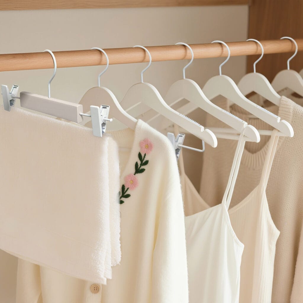 White wooden hangers, perfect for wholesale, neatly organized with clothing items.