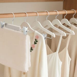 White wooden hangers, perfect for wholesale, neatly organized with clothing items.