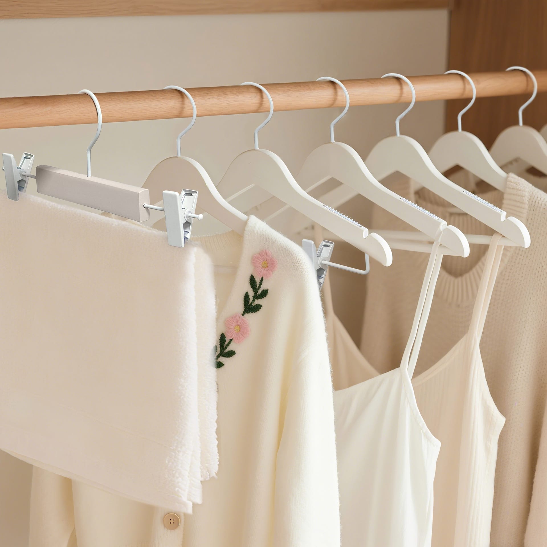 White wooden hangers, perfect for wholesale, neatly organized with clothing items.