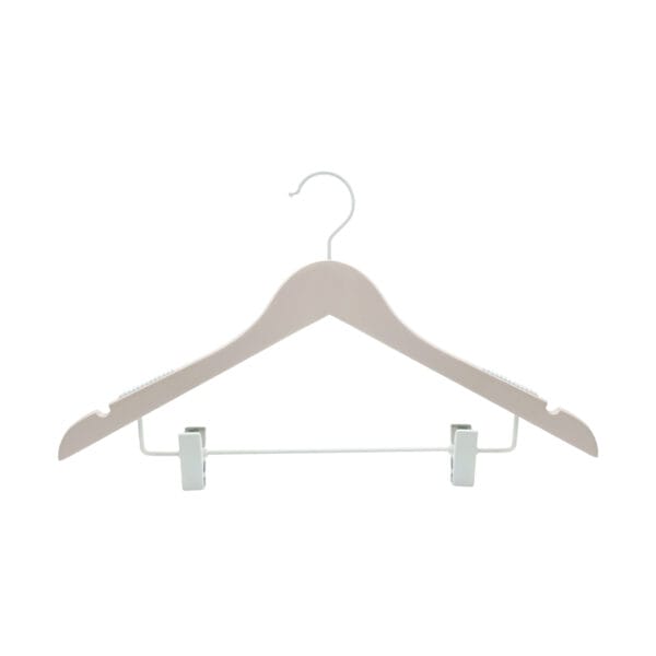 Pink wooden clothes hanger with white clips, ideal for wholesale.