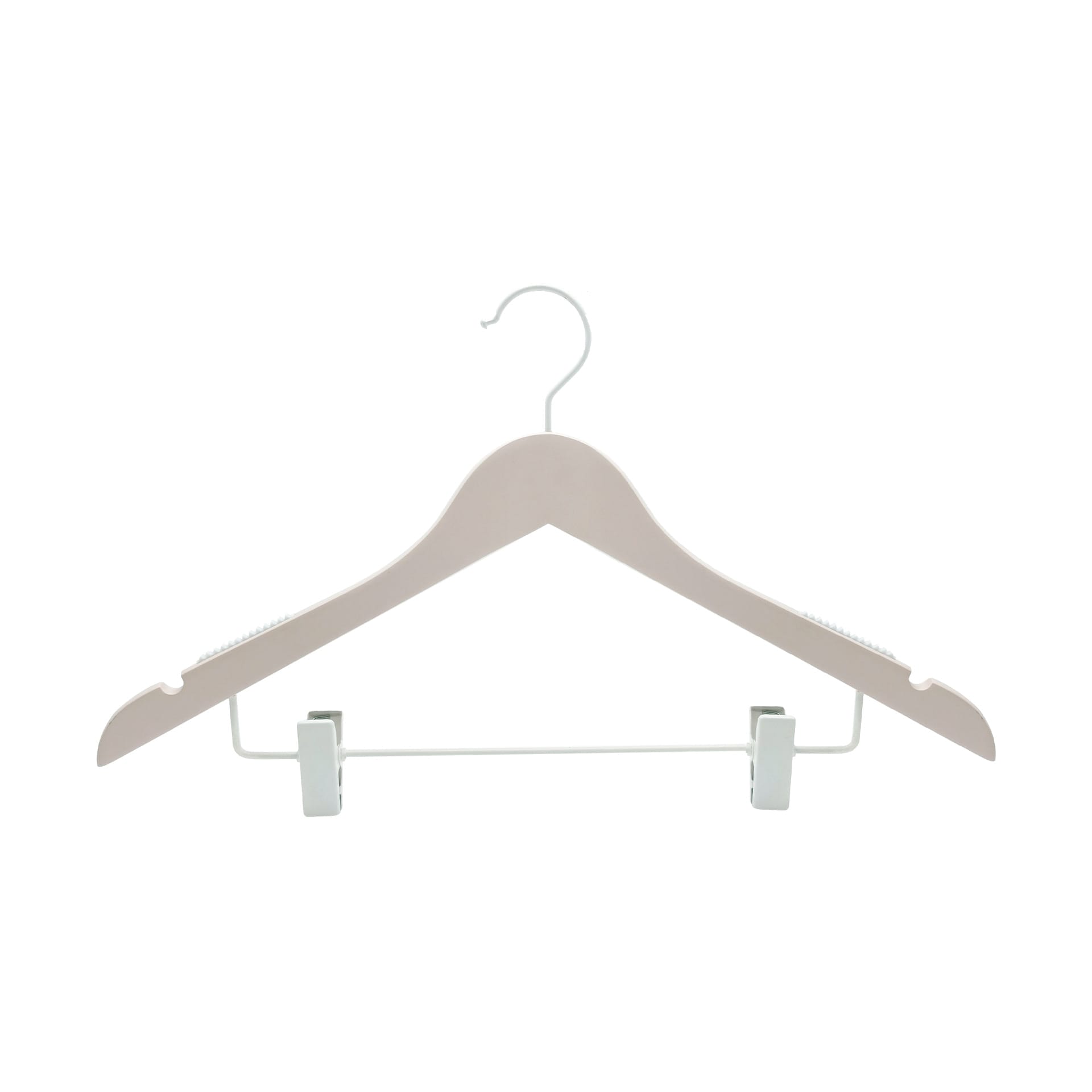 Pink wooden clothes hanger with white clips, ideal for wholesale.