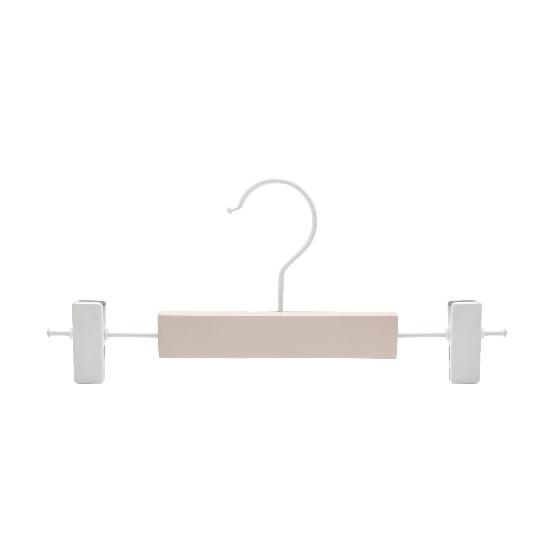 Pink wooden clothes hanger with white clips and metal hook; perfect for wholesale.