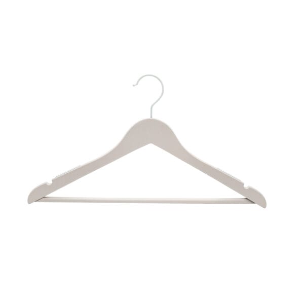 Beige wooden clothes hanger, perfect for retail or wholesale. Features a sturdy design and metal hook.