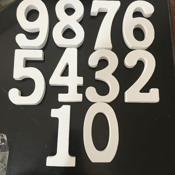 White wooden letters 1, 0, 2, 3, 4, 5, 6, 7, 8, 9. Modern minimalist home decor.