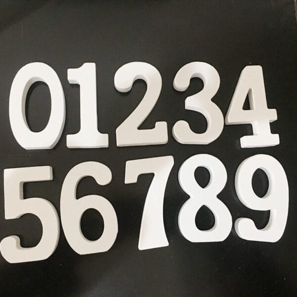 White wooden numbers 0-9. Modern minimalist home decor.