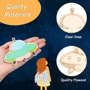 Wholesale unfinished wooden UFO cutouts, perfect for kids' crafts. Quality plywood, clear lines for easy painting and decorating.