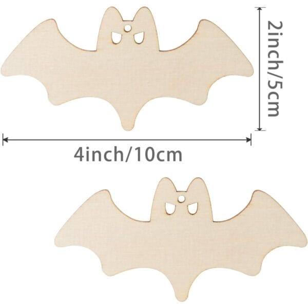Two unfinished wooden bat cutouts, perfect for DIY crafts. Wholesale available.