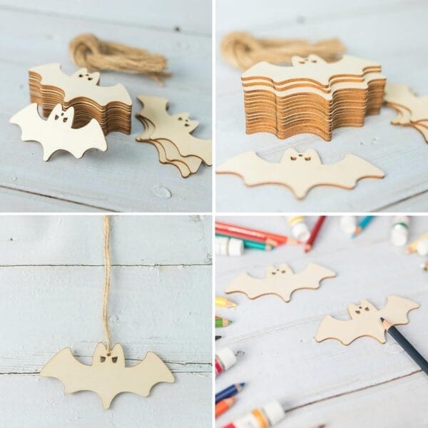 Unfinished wooden bat cutouts, perfect for DIY crafts. Wholesale supplier of wooden craft supplies.