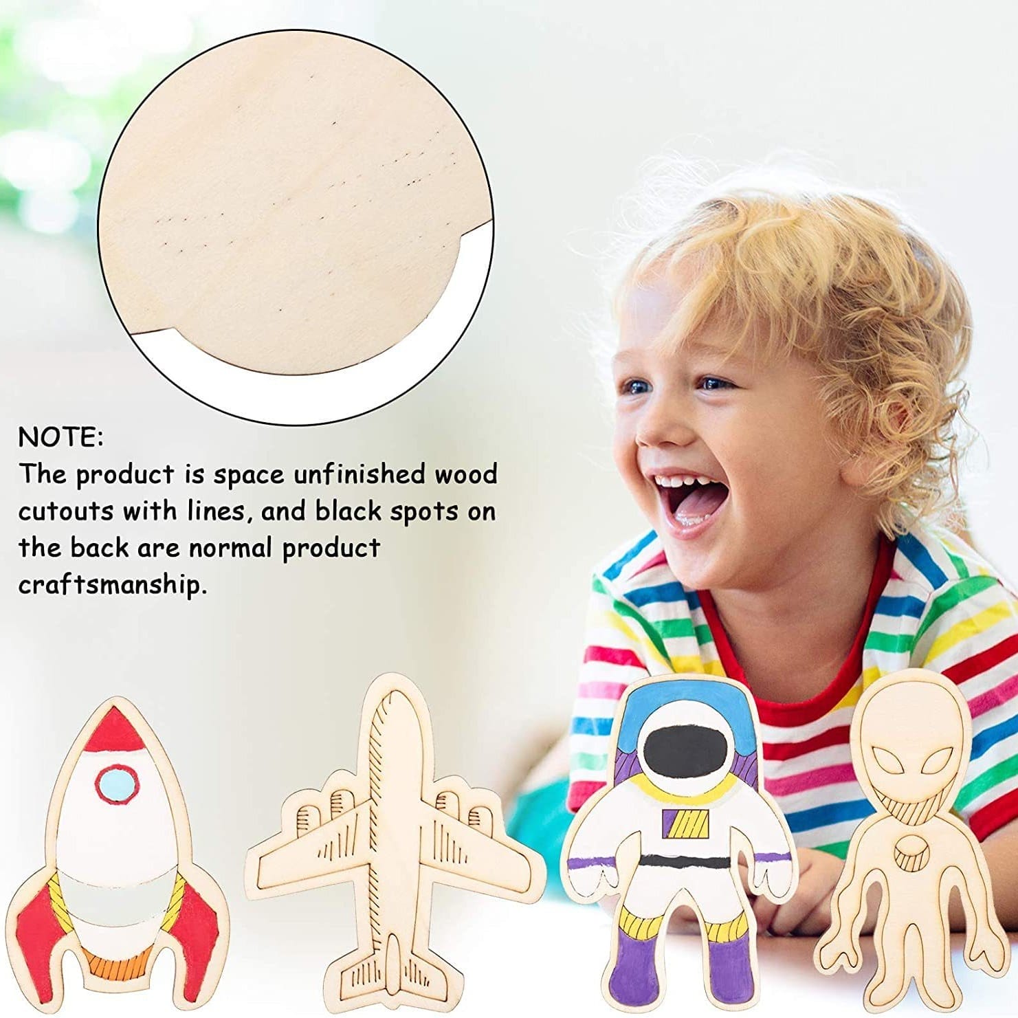 Unfinished wooden cutouts of rocket, airplane, astronaut, and alien. Great for kids' crafts.