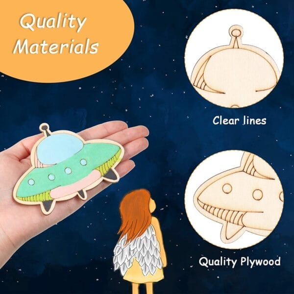 Hand holding unfinished wooden spaceship cutout; wholesale wooden craft supplier.
