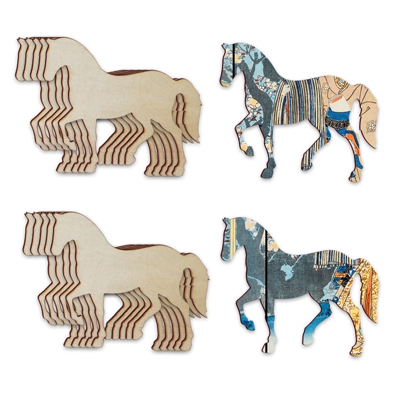 Stacked wooden horse cutouts & patterned horse designs. Wholesale wood craft cutouts for home decor.