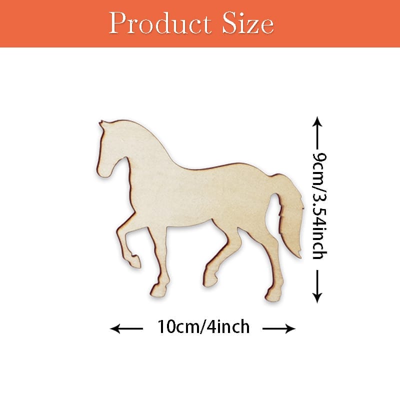 Wooden horse cutout: 10cm x 9cm, perfect for craft projects and home decor. Wholesale wood craft cutouts available.