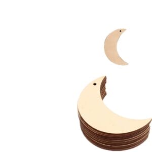 Wholesale Wooden Moon Cutouts: Stack of unfinished wood crescent moon shapes, perfect for crafts and DIY projects.