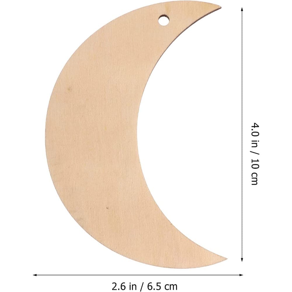 Wooden crescent moon cutout, 4" x 2.6", perfect for crafting and wholesale.