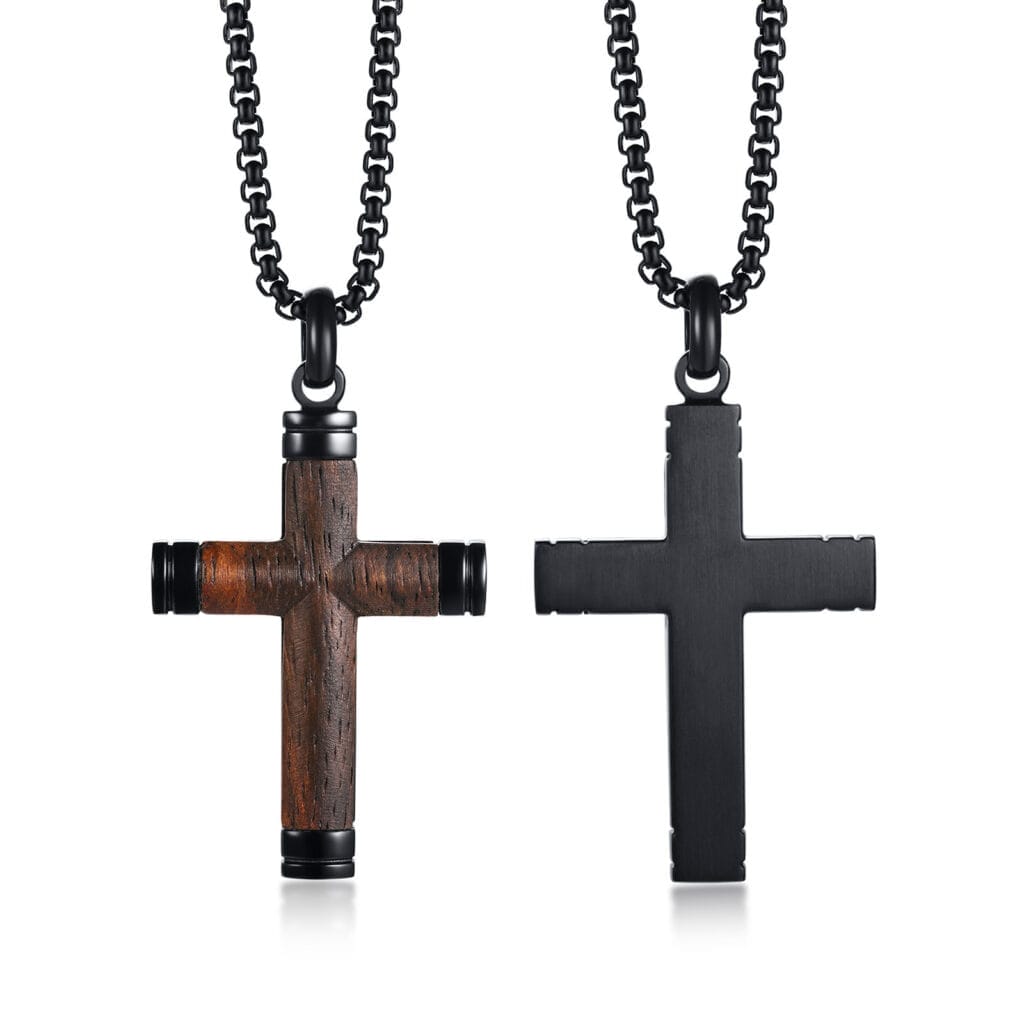 wholesale wooden necklaces: Wood & black metal cross pendants on black chains. Wholesale jewelry.