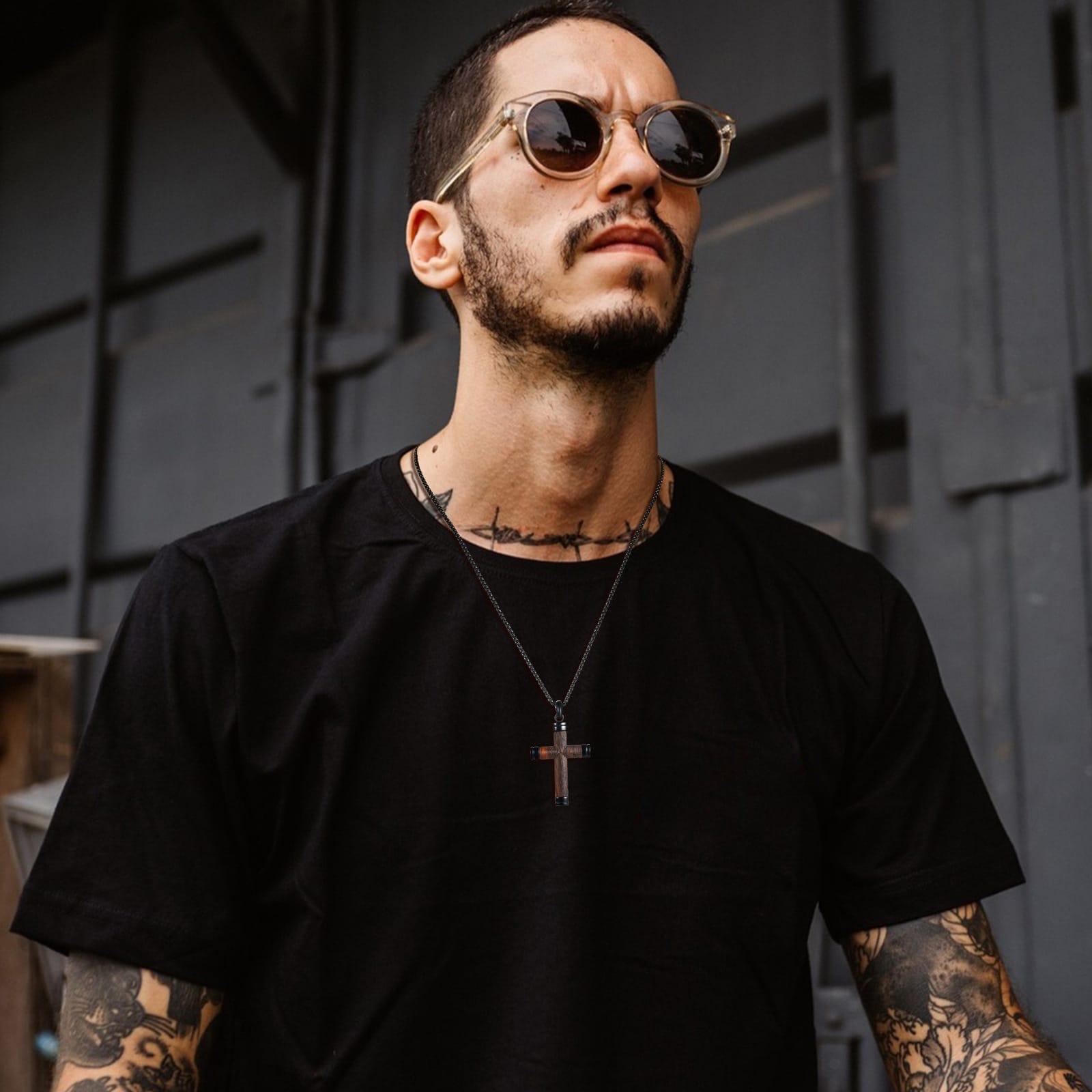 Men's Wooden Cross Necklace: Black wood cross pendant on a black cord. Wholesale and distributor options available.