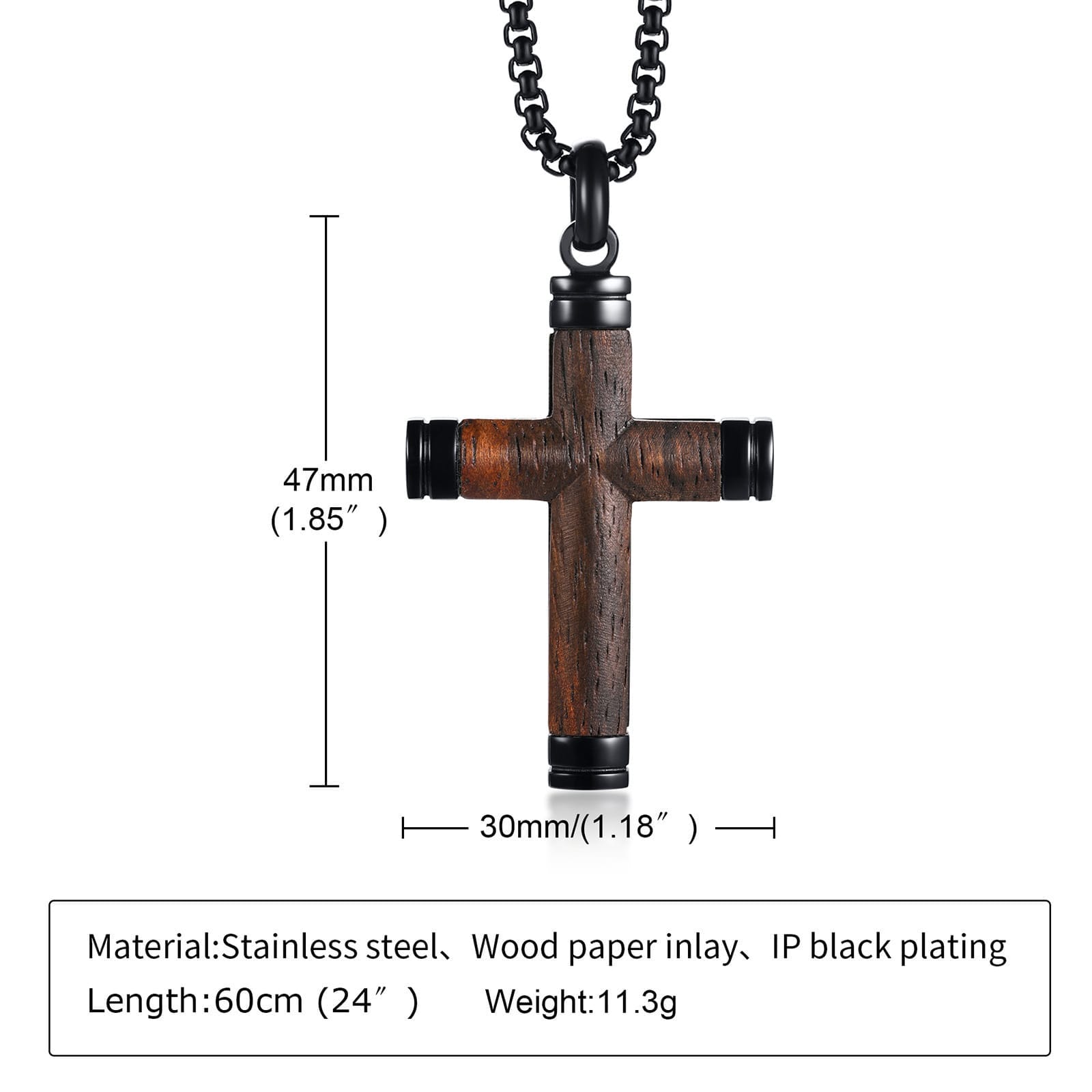 Men's Wooden Cross Necklace: Brown wood cross pendant on a black stainless steel chain. Religious jewelry with black metal accents.