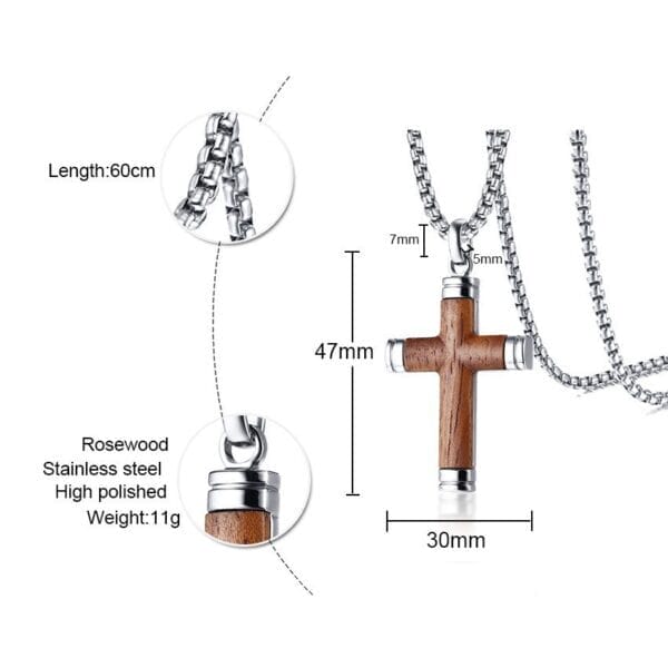 Men's Rosewood & Stainless Steel Cross Necklace: 47mm wooden cross pendant on a 60cm chain. High-polished finish.