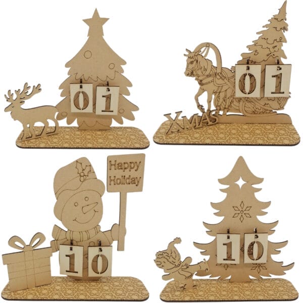 Four wood advent calendar: reindeer, ox, snowman, and tree designs. Eco-friendly holiday decor.