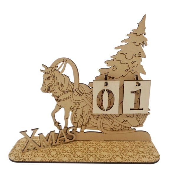 Wooden Christmas advent calendar with reindeer sleigh, Christmas tree, and "01" displayed. Eco-friendly holiday decor.