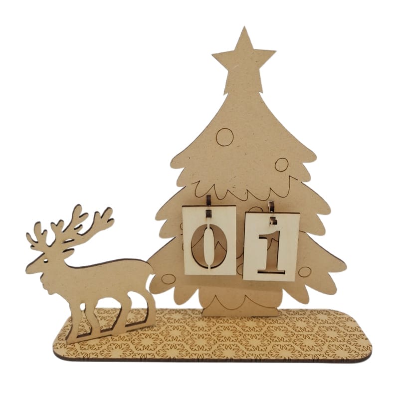 Wooden Christmas advent calendar with reindeer and numbers 01. Eco-friendly holiday decor.