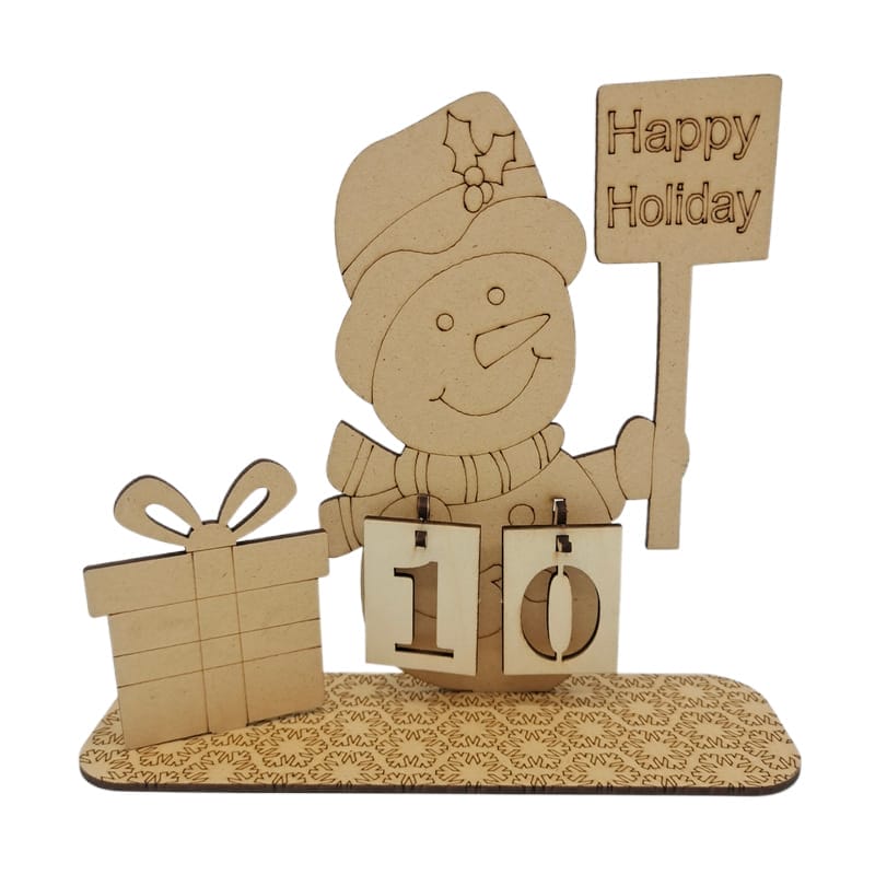 Wooden snowman advent calendar with "Happy Holiday" sign and gift. Counts down to Christmas.