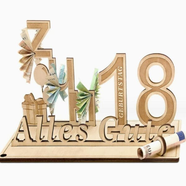 Wooden 18th birthday gift with money, "Alles Gute" message. Wholesale wood alphabet letters decoration.