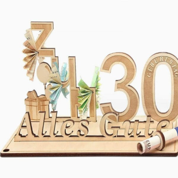 Wooden 30th birthday decoration with "Alles Gute" and money. Wholesale wood alphabet letters.