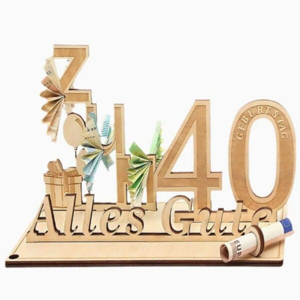 Wooden 40th birthday gift with "Alles Gute" and money. Wholesale wood alphabet letters decoration.