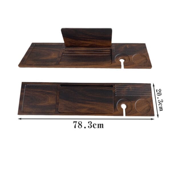 Dark brown wooden bathtub caddy with compartments and cup holders. Dimensions: 78.3cm x 20.3cm. Wholesale wood bath tray.