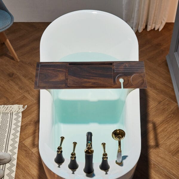 Luxury bathtub with a dark wood bath tray and gold faucets. Wholesale wood bath tray supplier.