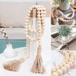 Natural wood bead garlands with jute tassels. Wholesale supplier of wooden bead garlands.