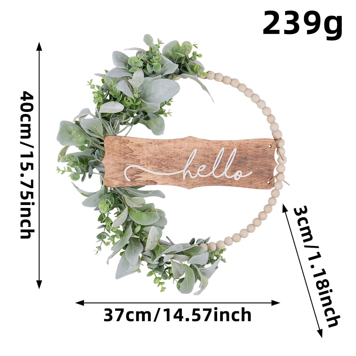 Rustic wood bead wreath adorned with eucalyptus greenery and a "hello" sign. Perfect farmhouse decor.