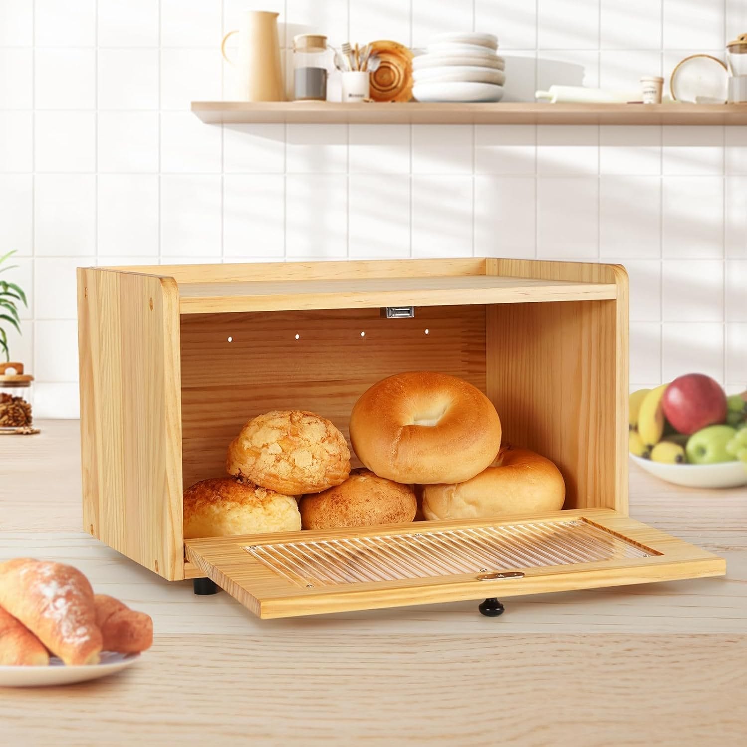 Wholesale Wood Bread Box: Wooden bread storage with clear front panel, perfect for kitchen countertop organization. Holds various breads & pastries.
