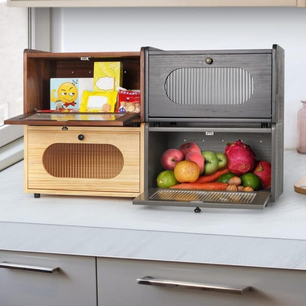 Wholesale Wood Bread Box: Two-tiered wooden bread boxes, light and dark wood finishes, with transparent fronts for easy food viewing. Perfect kitchen storage solution.