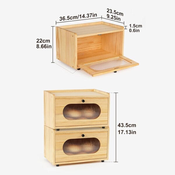 Wholesale Wood Bread Box: Two-tiered wooden bread box with transparent doors, ideal for kitchen storage and display.