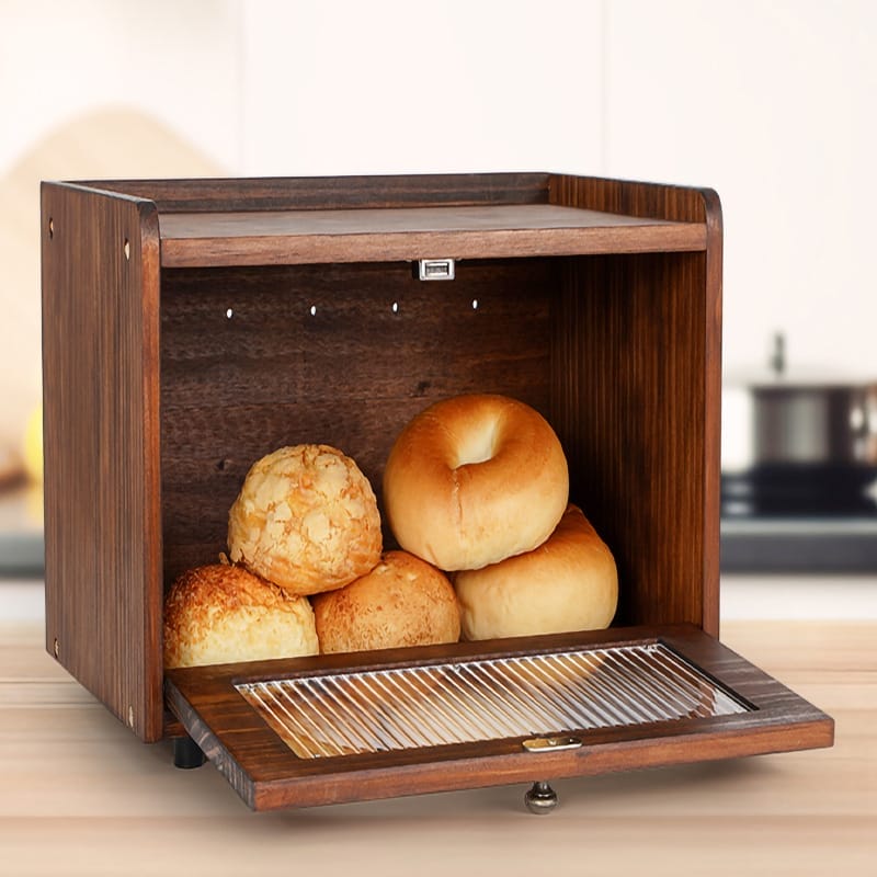 Wholesale Wood Bread Box: Rustic wooden breadbox with a clear front, ideal for storing and displaying bread, pastries, and bagels. Keeps baked goods fresh.