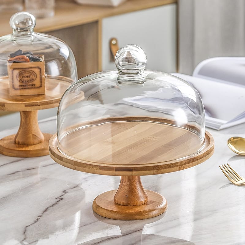 Wood cake holder with glass dome, perfect for displaying desserts. High foot design. Wholesale available.