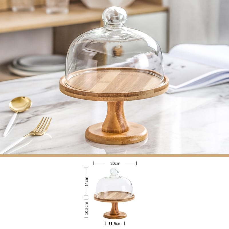 Wooden Cake Stand with Glass Dome: High-foot cake display stand, perfect for showcasing pastries. Wholesale options available.