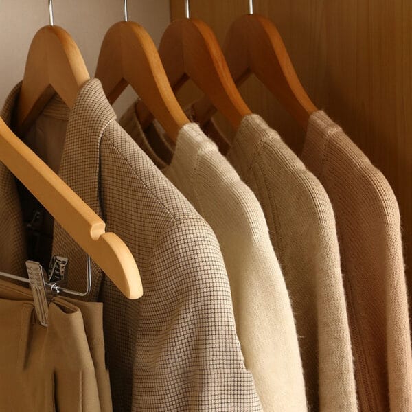 Wooden clothes hangers wholesale: Non-slip wood hangers with beige sweaters and jacket, perfect for home closet organization.