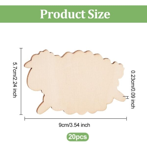 Dimensions of wholesale wooden sheep craft shapes; 20 pieces included.