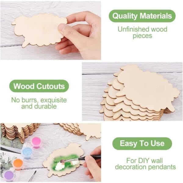 Unfinished wooden sheep cutouts, perfect for DIY wall decor pendants. Wholesale craft supply.