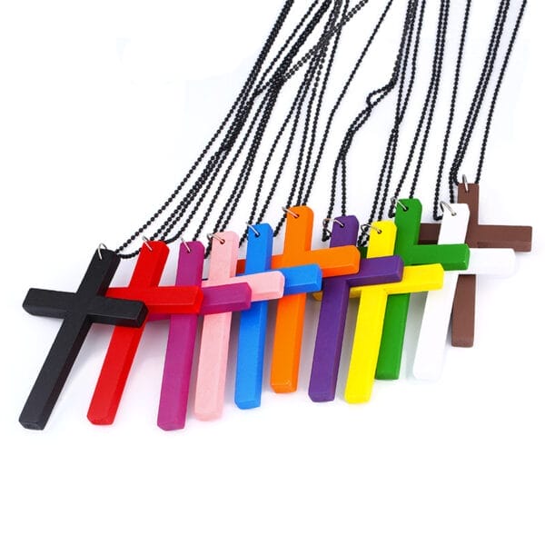 Colorful wooden cross necklaces with black ball chains. Variety of colors available. Wooden cross pendants.