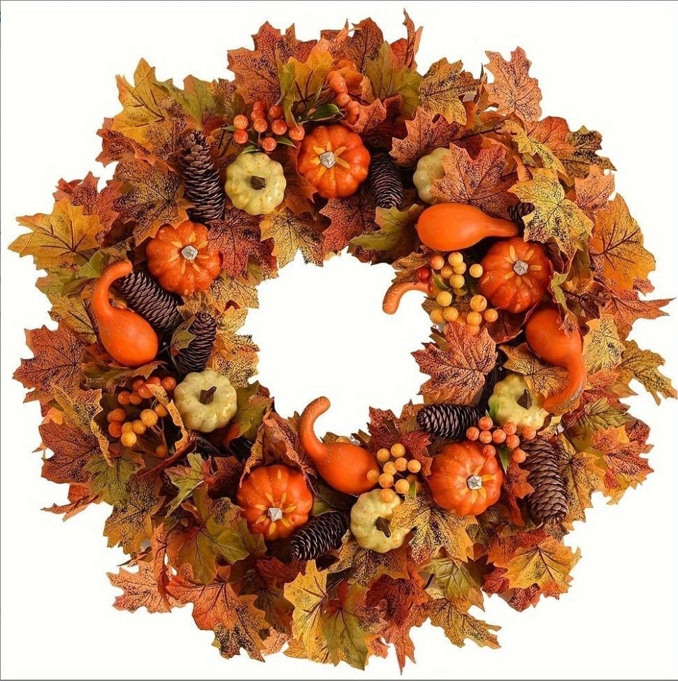 Wood curl wreath with gourds, pinecones, and fall leaves. Perfect for Thanksgiving or autumn decor.
