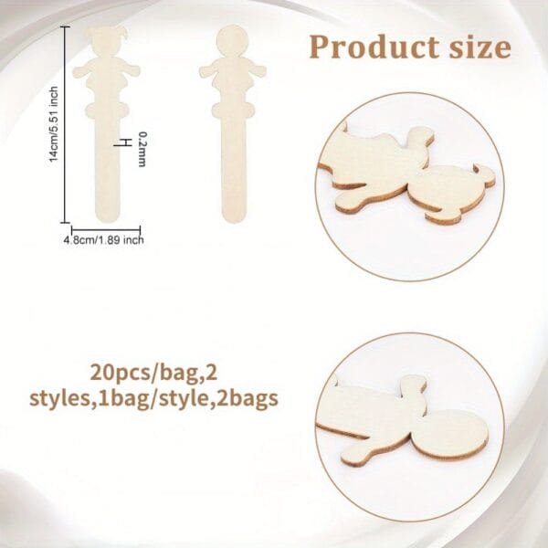 Wooden cutout craft supplies: girl and boy shapes, 20 pieces per bag. Wholesale options available.