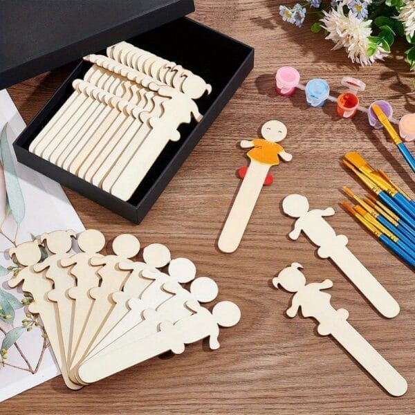 Wooden craft cutouts: people shapes, paint, brushes. Wholesale wooden graffiti boards for craft projects.